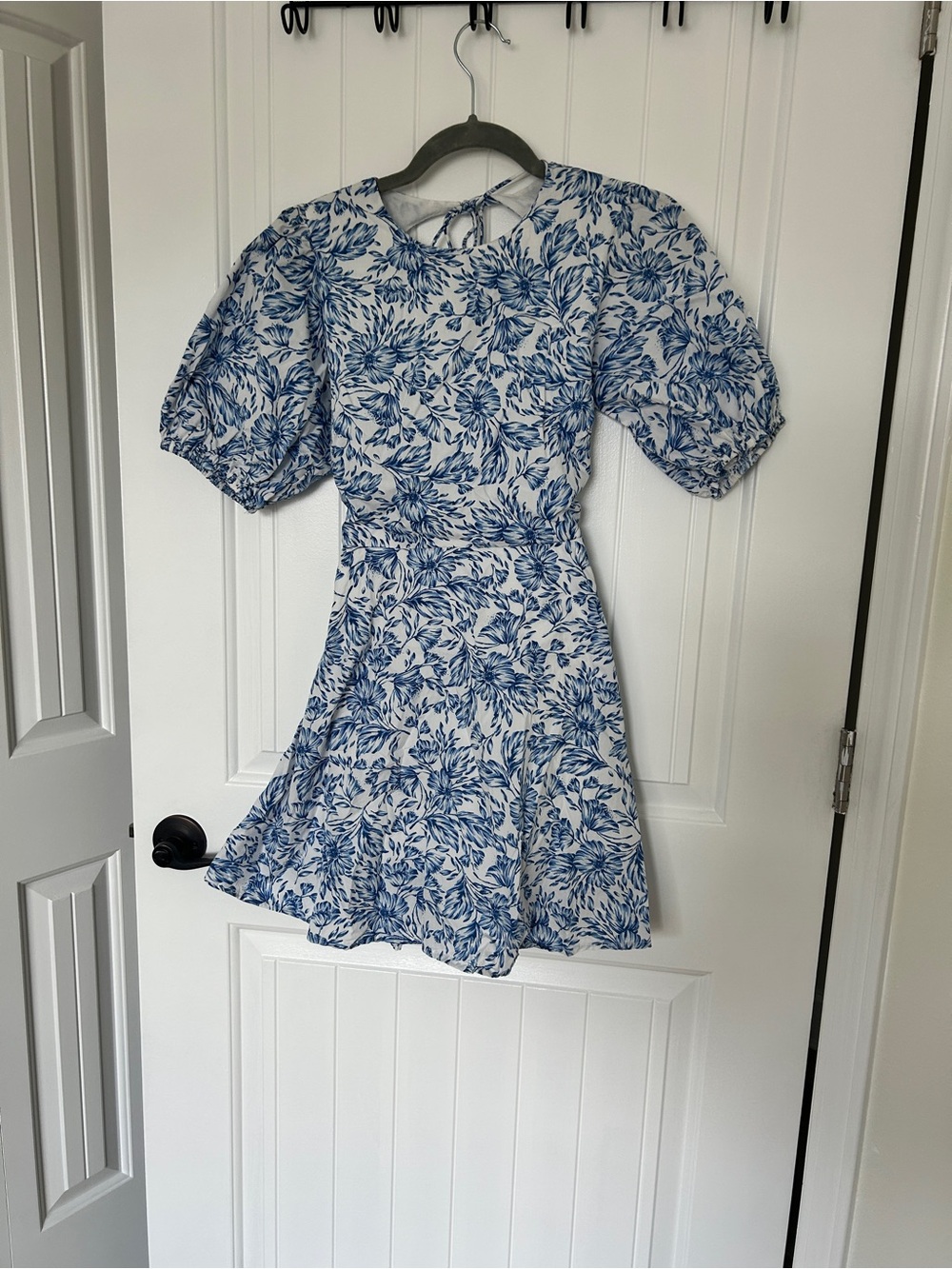 Olivaceous Blue and White Floral Puff-Sleeve Mini Dress